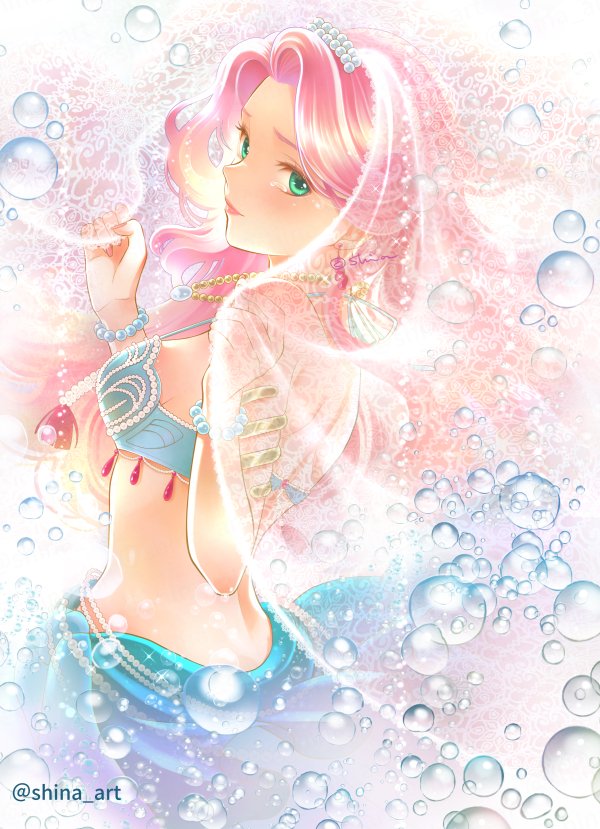 1girl bare_shoulders blue_eyes bracelet breasts bubble closed_mouth commentary_request dragon_quest dragon_quest_xi earrings from_side hands_up jewelry light_blush long_hair looking_at_viewer medium_breasts mermaid monster_girl necklace pearl_bracelet pink_hair red_lips romia_(dq11) shina_art solo tears twitter_username veil water