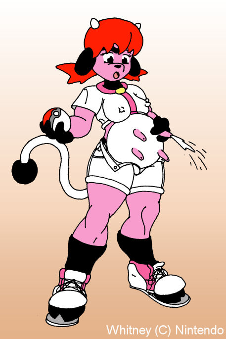 anthro bottomwear bovid bovine breasts cattle clothed clothing female fur generation_2_pokemon gym_leader hair horn mammal milk milking_self miltank nintendo nipple_outline open_shorts pink_body pink_fur pokeball pokemon pokemon_(species) red_hair shorts simple_background skyhammer solo standing teats torn_clothing transformation udders unbuttoned_shorts whitney_(pokemon)