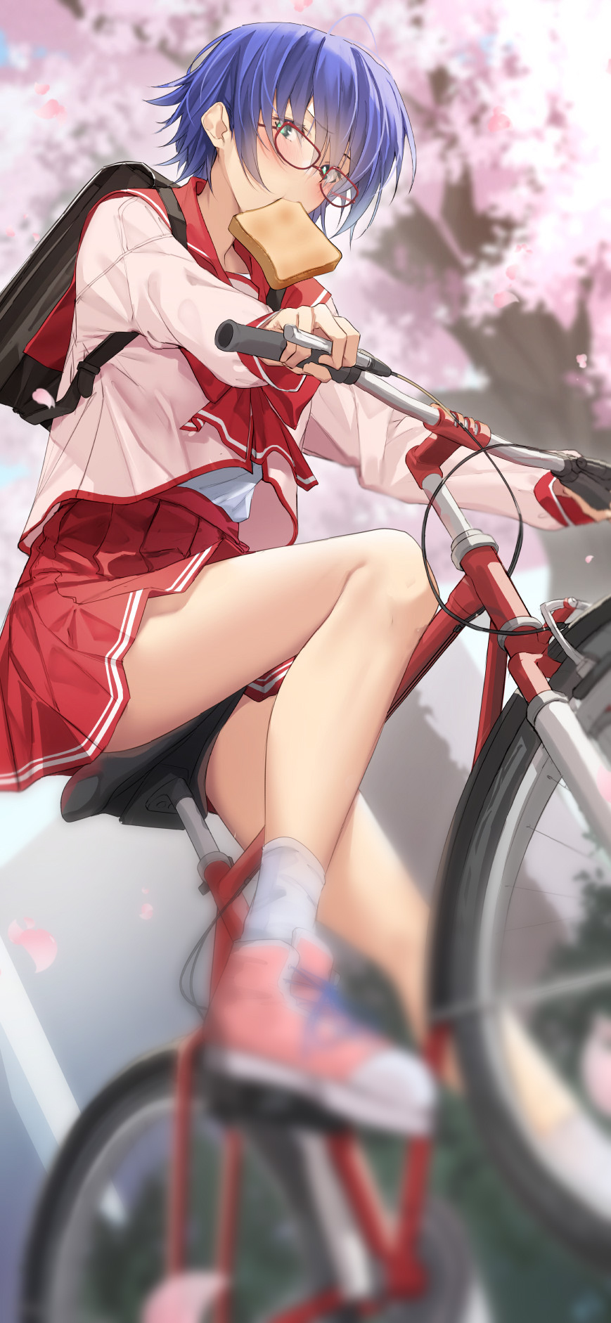 1girl ahoge bag bicycle black_bag blue_hair blurry blush bow cherry_blossoms commentary_request falling_petals food food_in_mouth glasses green_eyes ground_vehicle hair_between_eyes hair_over_eyes highres looking_at_viewer mouth_hold neckerchief outdoors pallad petals pink_footwear pink_serafuku pink_shirt pleated_skirt red_bow red_neckerchief red_sailor_collar red_skirt riding riding_bicycle sailor_collar school_bag school_uniform serafuku shirt shoes short_hair skirt sneakers socks solo thighs to_heart_2 toast toast_in_mouth tonami_yuma white_socks