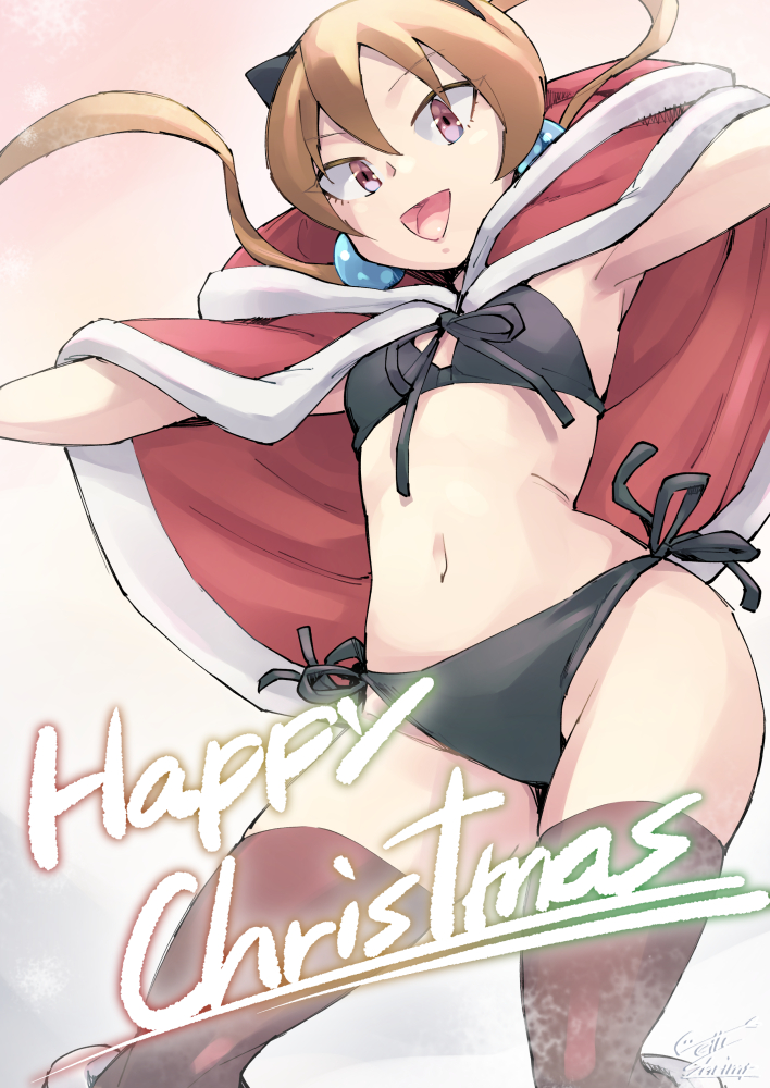 1girl alisa_southerncross bikini black_bikini blonde_hair breasts brown_thighhighs capelet commentary_request contrapposto earrings fur-trimmed_capelet fur_trim jelly_shrimp jewelry keroro_gunsou large_earrings merry_christmas navel open_mouth outstretched_arms red_capelet red_eyes side-tie_bikini_bottom signature small_breasts smile solo swimsuit thighhighs twintails