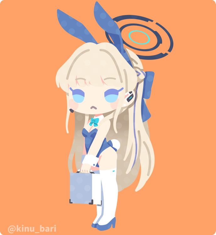 1girl :&lt; animal_ears artist_name blonde_hair blue_archive blue_bow blue_bowtie blue_eyes blue_footwear blue_hair blue_leotard blush bow bowtie braid breasts case chibi cleavage closed_mouth commentary detached_collar fake_animal_ears fake_tail full_body hair_bow halo headset high_heels highleg highleg_leotard holding_case kinubari_nerune leotard long_hair medium_breasts microphone multicolored_hair orange_background playboy_bunny rabbit_ears rabbit_tail sidelocks simple_background solo standing strapless strapless_leotard streaked_hair tail thighhighs toki_(blue_archive) toki_(bunny)_(blue_archive) twitter_username very_long_hair white_thighhighs wrist_cuffs