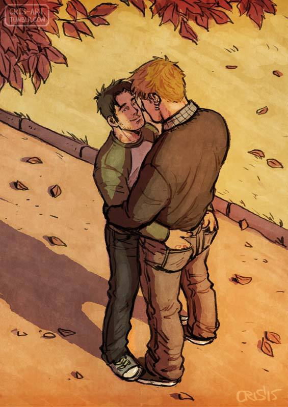 2boys alternate_facial_hair autumn_leaves bad_id bad_tumblr_id bara black_hair blonde_hair brown_shirt couple cris_art denim from_above full_body green_sleeves hand_in_another's_pocket hand_on_another's_ass hug hulkling jeans layered_shirt male_focus marvel multiple_boys pants shirt short_hair sideburns sideburns_stubble sparse_stubble standing thick_eyebrows wiccan yaoi