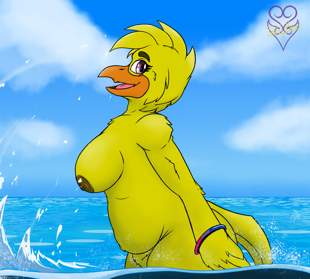 areola avian beak big_breasts big_butt bird bracelet breasts butt chica_(fnaf) chicken chubby_female clothing feathers female five_nights_at_freddy's galliform gallus_(genus) jewelry looking_at_viewer nipples nude overweight overweight_female phasianid purple_eyes scottgames sea slightly_chubby swimwear thevgbear water yellow_body yellow_feathers yellow_skin