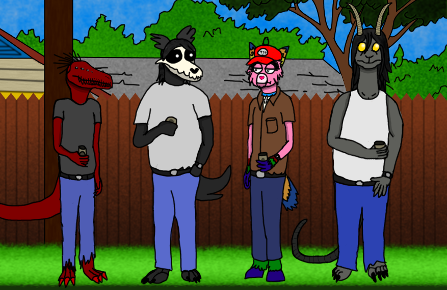 ambiguous_gender animate_inanimate anthro belt beverage bill_dauterive biped bone bottomwear canid canine clock clothed clothing cosplay crossover crossover_cosplay dale_gribble denim denim_clothing digital_drawing_(artwork) digital_media_(artwork) fluffy fluffy_tail grass grey_clothing grey_shirt grey_topwear hand_in_pocket hank_hill hat headgear headwear holding_beverage holding_object hooves jackie_matthews jeans jeff_boomhauer king_of_the_hill living_pinata looking_at_viewer mammal monster pants parody paws pinata plant pockets rat_tail scp-1471 scp-1471-a scp-3887-b scp-939 scp-956 scp_foundation shirt skull skull_head standing tail topwear watch white_clothing white_shirt white_topwear yellow_sclera