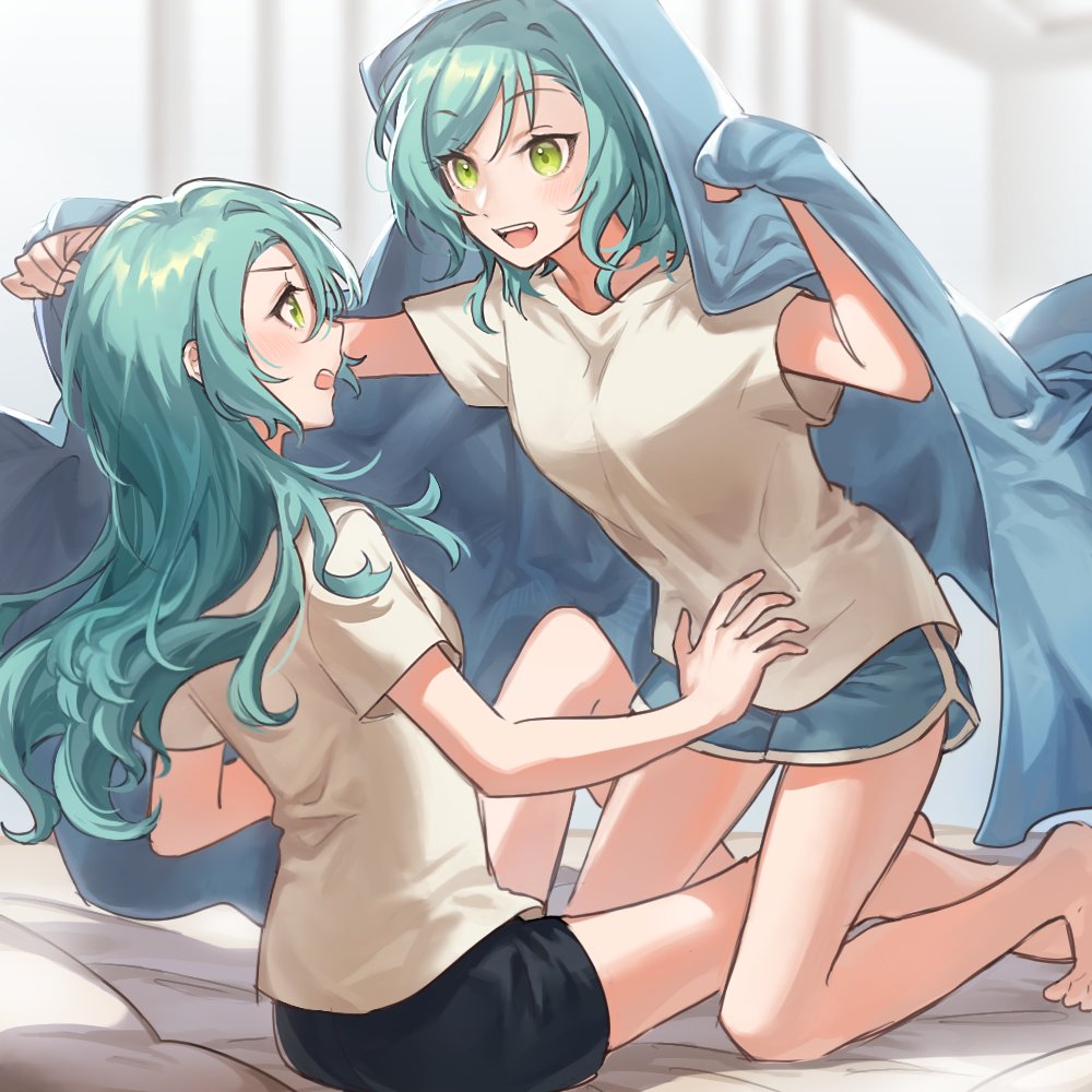 2girls aqua_hair bang_dream! bare_legs barefoot bed_sheet black_shorts blanket blue_shorts commentary_request green_eyes hikawa_hina hikawa_sayo long_hair looking_at_another medium_hair multiple_girls open_mouth pouncing shirt shorts siblings sisters smile tanco_sae twins white_curtains yellow_shirt