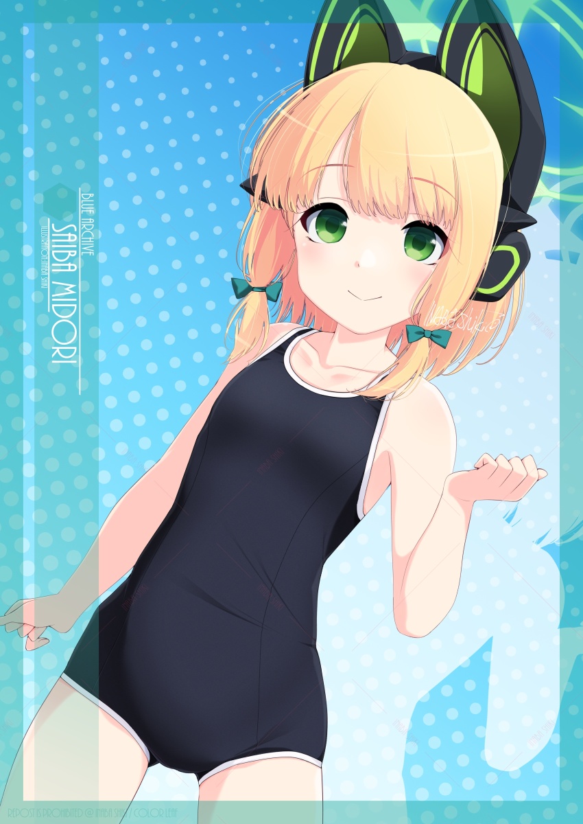 1girl animal_ear_headphones animal_ears artist_name black_one-piece_swimsuit blonde_hair blue_archive blue_background bow breasts cat_ear_headphones character_name cowboy_shot fake_animal_ears gradient_background green_eyes hair_bow halo headphones highres inaba_shiki long_hair looking_at_viewer midori_(blue_archive) new_school_swimsuit one-piece_swimsuit parted_bangs school_swimsuit sidelocks small_breasts smile solo swimsuit