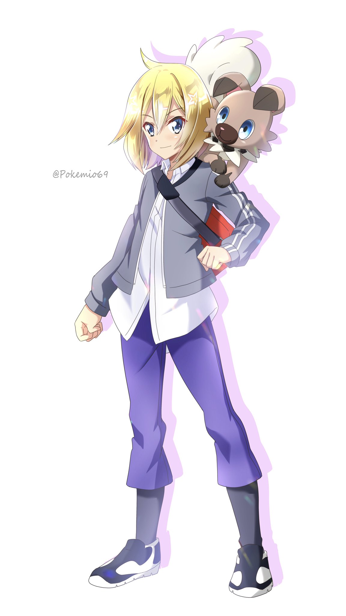 1boy blonde_hair blue_eyes clenched_hands commentary_request drop_shadow full_body grey_eyes highres jacket light_smile looking_at_viewer male_focus mi~o on_shoulder paulo_(pokemon) pokemon pokemon_(creature) pokemon_(game) pokemon_masters_ex pokemon_on_shoulder rockruff simple_background smile star_(symbol) twitter_username white_background