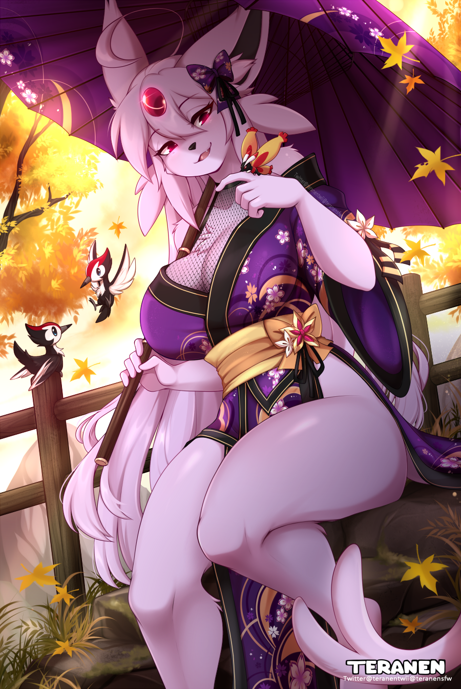 1girl artist_name autumn blush breasts character_request cleavage espeon furry furry_female glowing glowing_eyes highres japanese_clothes kimono large_breasts long_hair oil-paper_umbrella open_mouth pink_hair pokemon purple_kimono red_eyes sitting smile solo teranen umbrella