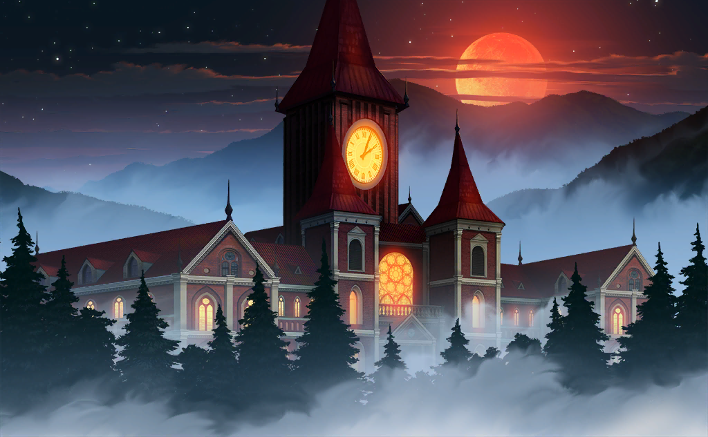 clock clock_tower cloud fog forest full_moon game_cg justinas_vitkus landscape mansion moon mountainous_horizon nature night night_sky no_humans official_art outdoors pine_tree red_moon scarlet_devil_mansion sky stained_glass star_(sky) third-party_source touhou touhou_cannonball tower tree window