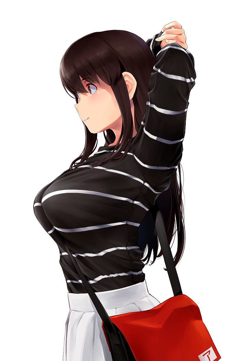 1girl akagi_(kancolle) alternate_costume armpits bag between_breasts blush breasts brown_eyes brown_hair casual closed_mouth hair_between_eyes highres kantai_collection large_breasts long_hair official_alternate_costume shirt simple_background skirt smile solo standing straight_hair strap_between_breasts striped striped_shirt wa_(genryusui) white_background white_skirt