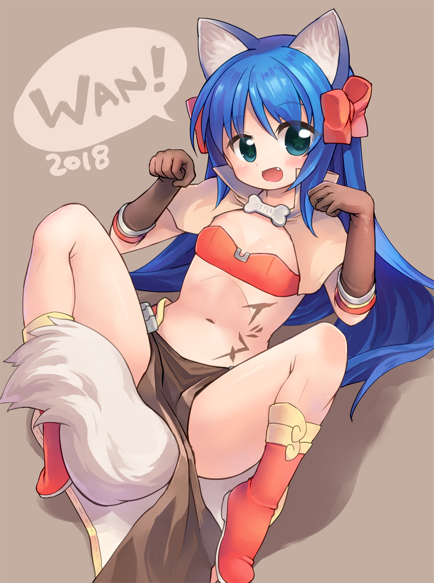 1girl 2018 :d animal_ears bangs bikini bikini_top_only blue_eyes blue_hair blush body_writing boots bow brown_background brown_capelet brown_gloves capelet cat_ears chinese_zodiac commentary_request dog_ears dog_girl dog_tail elbow_gloves emurin fang flat_chest full_body gloves hair_between_eyes hair_bow highres long_hair looking_at_viewer mage_(ragnarok_online) majiko_(emurin) midriff multiple_hair_bows navel open_mouth paw_pose pelvic_curtain ragnarok_online red_bikini red_bow red_footwear red_skirt showgirl_skirt skirt smile solo star-shaped_pupils star_(symbol) swimsuit symbol-shaped_pupils tail two-sided_fabric two-sided_skirt white_skirt year_of_the_dog