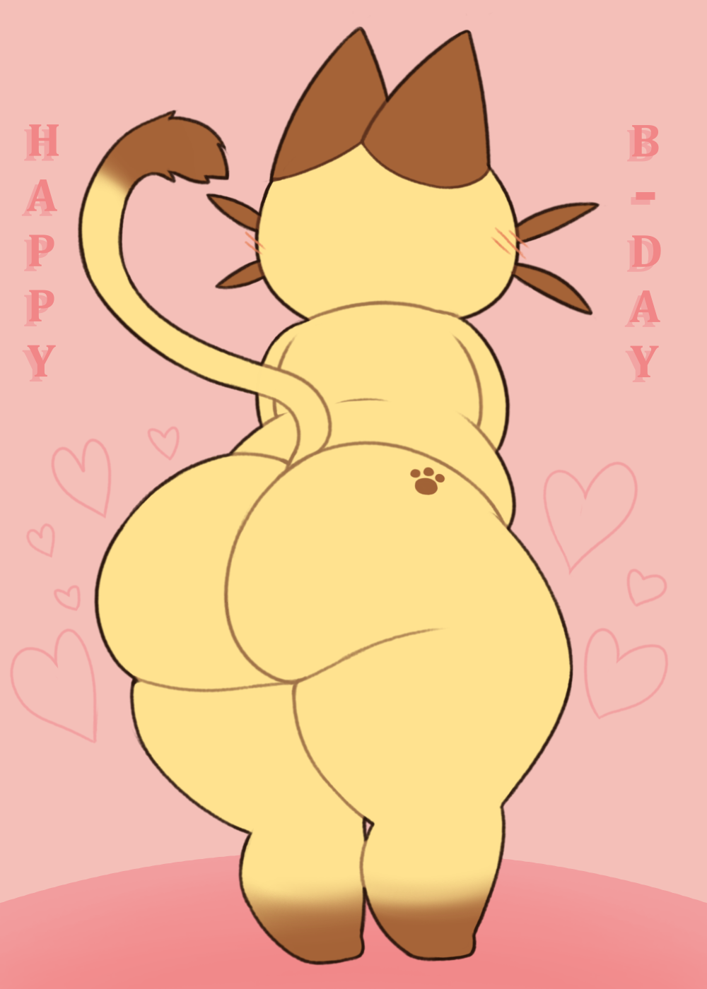 &lt;3 anthro big_butt blush butt butt_markings capcom digital_media_(artwork) domestic_cat felid feline felis happy_birthday hi_res male mammal markings monster_hunter navirou nude overweight overweight_anthro overweight_male pink_background rear_view simple_background solo standing tail text thick_thighs wide_hips zlut385