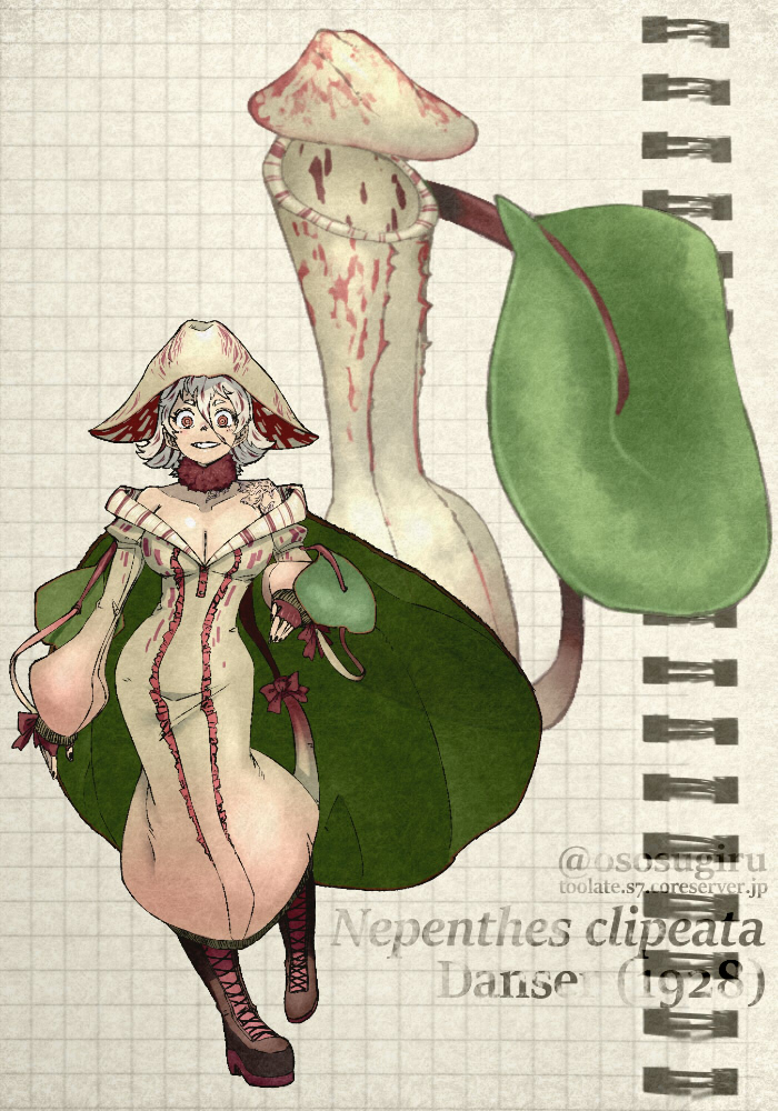 1girl black_nails boots breasts cleavage crazy_eyes cross-laced_footwear dress frilled_dress frills full_body fur_collar grin hair_between_eyes lace-up_boots large_breasts leaf long_sleeves looking_at_viewer monster_girl multicolored_hair nail_polish original oso_(toolate) pitcher_plant plant plant_girl red_eyes red_hair short_hair simple_background smile solo twitter_username web_address white_hair