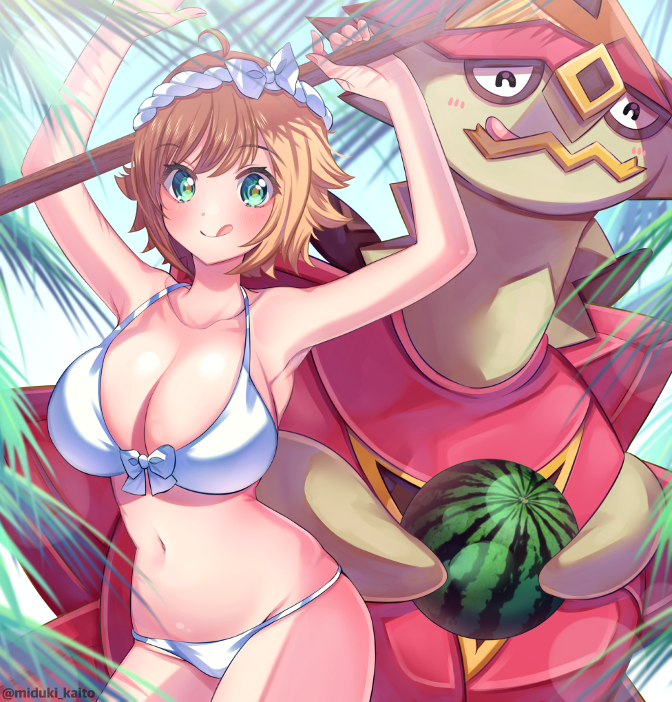 1girl :q ^_^ ahoge armpits arms_up artist_name bare_shoulders bikini blue_sky blush blush_stickers bow breasts cleavage closed_eyes collarbone crossover day food front-tie_bikini_top front-tie_top fruit gogat8 green_eyes groin hachimaki hair_between_eyes hair_bow hanabi_(senran_kagura) headband holding holding_food holding_fruit holding_stick large_breasts lens_flare looking_at_viewer navel orange_hair outdoors palm_leaf pokemon pokemon_(creature) pokemon_(game) pokemon_sm senran_kagura senran_kagura_estival_versus senran_kagura_peach_beach_splash short_hair sky smile solo stick suikawari swimsuit tongue tongue_out turtle turtle_shell turtonator twitter_username watermelon white_bikini white_bow white_headband