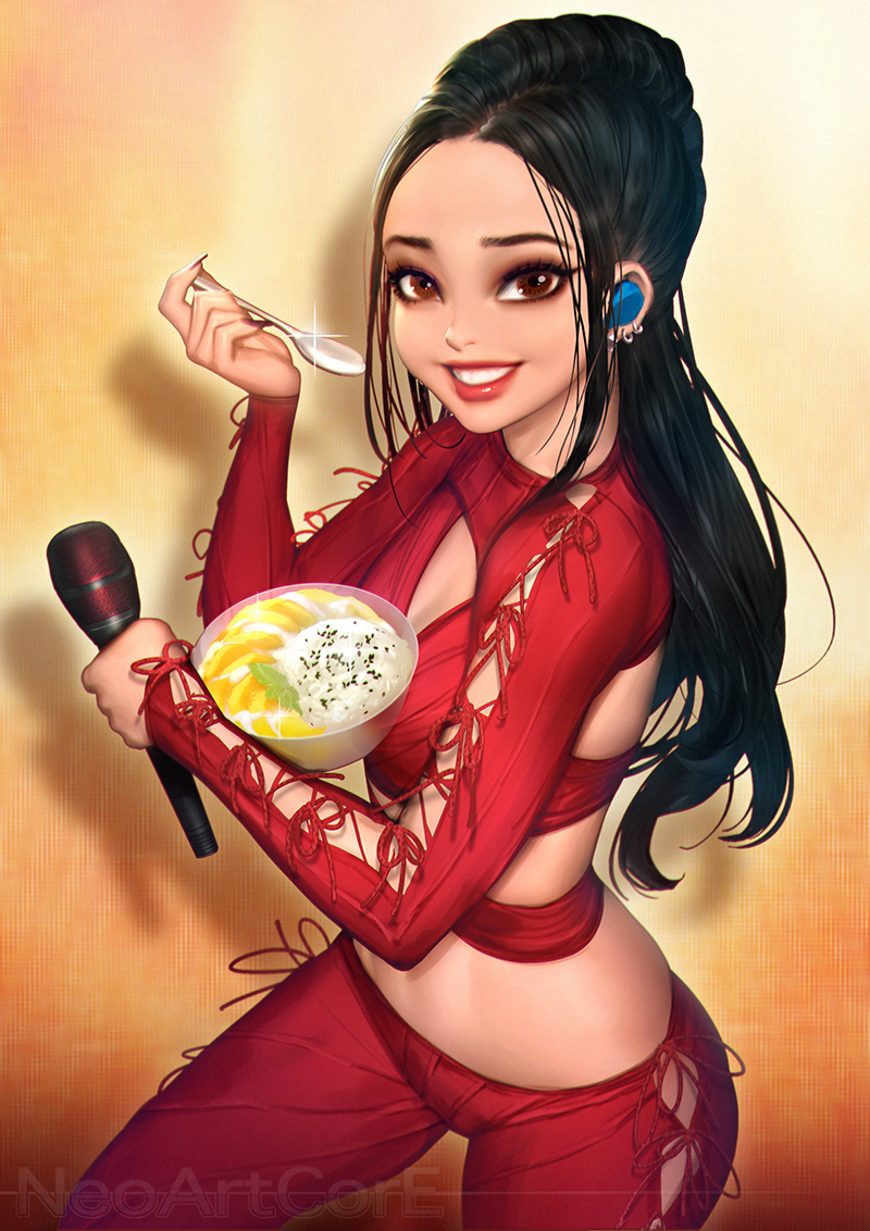 1girl artist_name black_hair bowl brown_eyes cleavage_cutout clothing_cutout cross-laced_clothes cross-laced_pants cross-laced_sleeves earrings food holding holding_bowl holding_microphone holding_spoon jewelry lips long_hair mango microphone neoartcore original pants red_pants rice shadow smile solo spoon tan thai_commentary