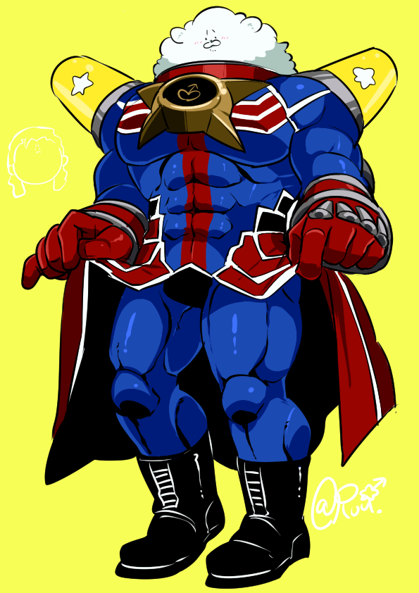 1boy animal_head bara blue_bodysuit bodysuit cape_lift climaxmukr covered_abs doodle_inset fate/grand_order fate_(series) full_body furry furry_male gloves huge_pectorals large_hands lifted_by_self light_blush lion_boy male_focus mature_male muscular muscular_male nikola_tesla_(fate) red_gloves short_hair sideburns solo_focus spandex standing thick_thighs thighs thomas_edison_(fate) waist_cape white_hair