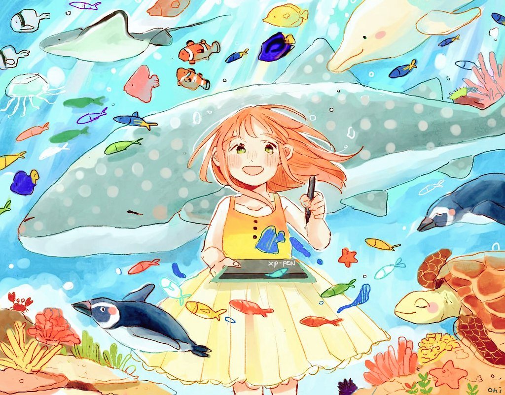 1girl artist_name bird blue_background brown_hair dress fish green_eyes holding long_hair ocean oniheya_53 original painting_(medium) penguin sleeveless sleeveless_dress solo traditional_media underwater watercolor_(medium) yellow_dress