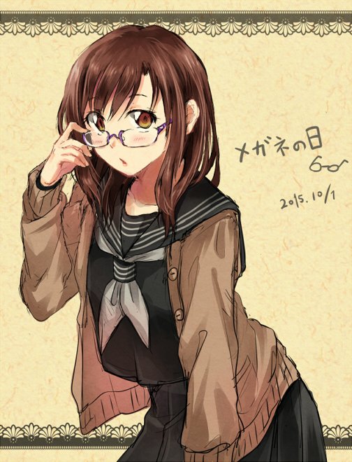 1girl adjusting_eyewear black_sailor_collar black_serafuku black_shirt blush brown_cardigan brown_eyes brown_hair buttons cardigan commentary_request cowboy_shot dated glasses glasses_day lace lace_border leaning_forward light_brown_background long_sleeves looking_at_viewer looking_over_eyewear neckerchief nekozuki_yuki open_cardigan open_clothes original paper_texture parted_lips pink_lips pleated_skirt purple-framed_eyewear sailor_collar school_uniform semi-rimless_eyewear serafuku shirt sketch skirt solo striped translated unbuttoned white_neckerchief white_stripes