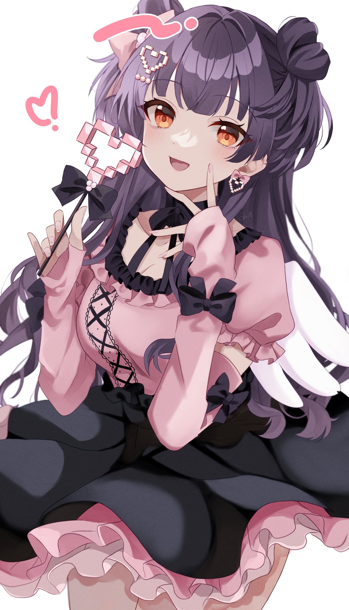 1girl :d arm_warmers black_bow black_choker black_hair black_ribbon black_skirt blush bow breasts choker cleavage collarbone cowboy_shot earrings frilled_shirt frilled_skirt frills hair_ornament heart heart_hair_ornament highres holding idolmaster idolmaster_shiny_colors jewelry jirai_kei long_hair looking_at_viewer mayuzumi_fuyuko medium_breasts neck_ribbon open_mouth orange_eyes pink_shirt puffy_short_sleeves puffy_sleeves ribbon shirt short_sleeves shu10 simple_background skirt smile solo two_side_up white_background