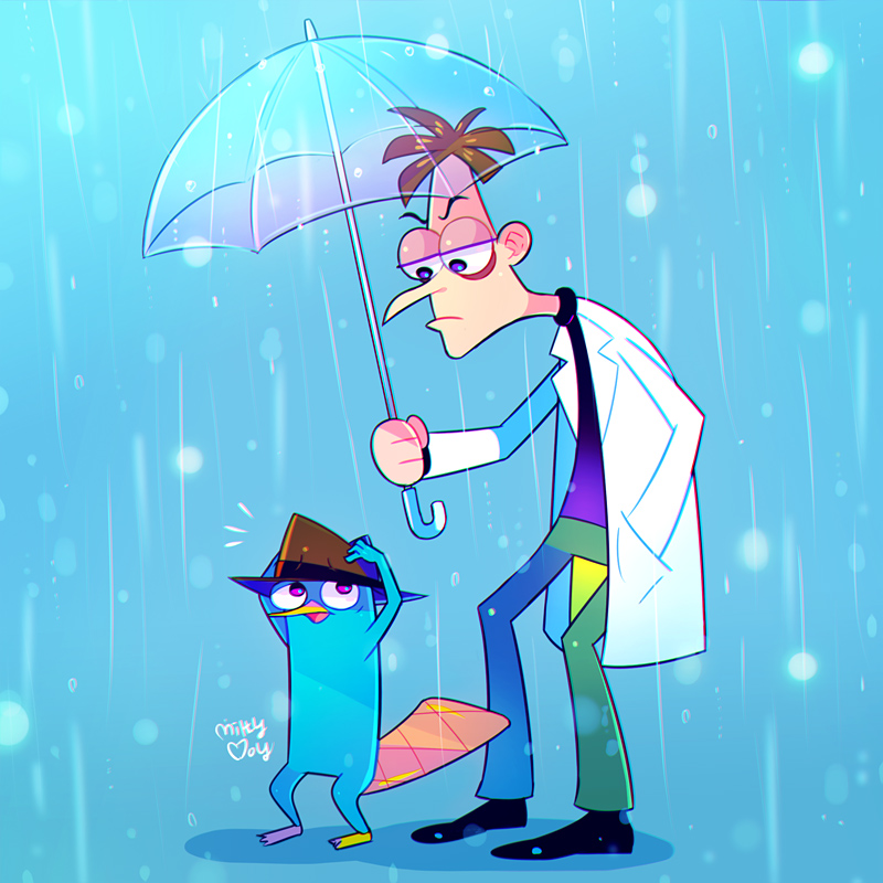 2boys aqua_pants aqua_skin artist_name black_shirt brown_hair brown_headwear fedora hat heinz_doofenshmirtz holding holding_umbrella lab_coat multiple_boys orange_tail otoe_(milkyboy_inc.) pants perry_the_platypus phineas_and_ferb platypus rain shirt short_hair umbrella