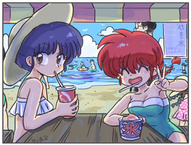 beach blue_hair blue_sky breasts closed_eyes cloud cloudy_sky coca-cola drinking drinking_straw drinking_straw_in_mouth happy hay multiple_girls ranma-chan ranma_1/2 sand short_hair sky soda tendou_akane translation_request wanta_(futoshi) water