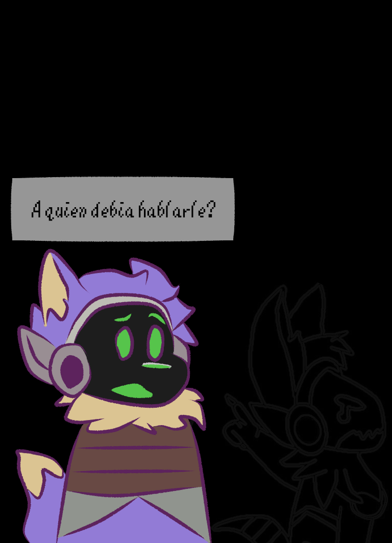 anthro black_background ears_up fur green_face kirushi_(that_fur) machine male protogen purple_body purple_fur purple_line_art questioning remake secret simple_background solo spanish_text tall text that_fur