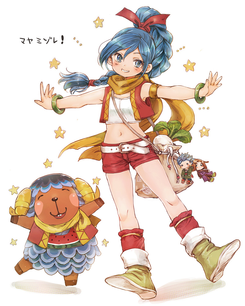 1girl belt blue_eyes blue_hair bracelet braid braided_ponytail camus_(dq11) dragon_quest dragon_quest_xi full_body grin hair_ribbon hero_(dq11) jewelry long_hair longdenkikettle looking_at_viewer maya_(dq11) navel red_vest ribbon scarf shorts simple_background single_braid smile solo vest white_background