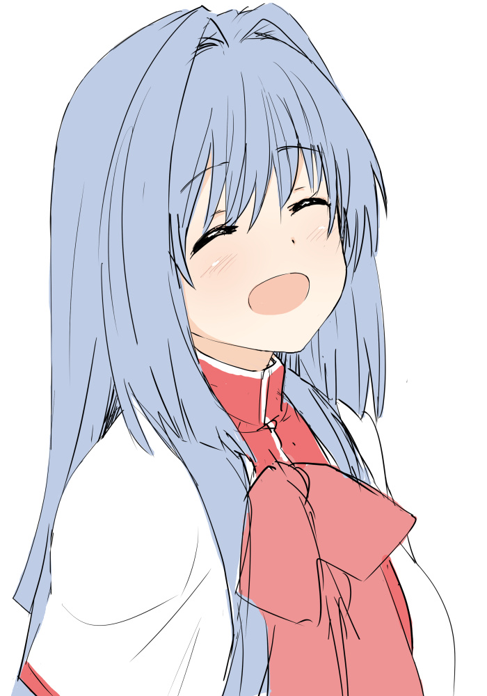 1girl ^_^ blue_hair blunt_ends blush bow capelet closed_eyes dress facing_viewer h2o_(ddks2923) hair_between_eyes hair_intakes happy kanon long_hair minase_nayuki open_mouth pink_bow red_dress school_uniform sidelocks simple_background sketch smile solo straight_hair upper_body very_long_hair white_background white_capelet