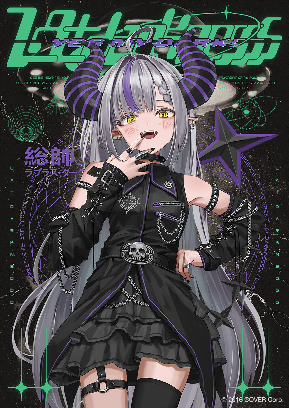 1girl :d asymmetrical_legwear badge belt black_belt black_choker black_horns black_nails black_shirt black_skirt black_thighhighs blush breasts button_badge chain character_name choker cowboy_shot demon_horns ear_piercing earrings fangs frilled_skirt frills galaxy grey_hair hands_on_own_face heavy_metal high_belt highres hololive horns jewelry la+_darknesss lightning long_hair multicolored_hair nadegata piercing pointy_ears punk purple_hair purple_horns ring shapes shirt single_thighhigh skirt skull_belt small_breasts smile solo star_(sky) star_(symbol) streaked_hair striped_horns studded_armlet teeth thighhighs upper_teeth_only virtual_youtuber yellow_eyes zipper