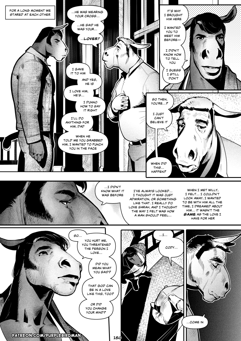 2023 anthro black_and_white bottomwear bovid bovine clothed clothing cody_(falcon_mccooper) comic dialogue digital_media_(artwork) duo english_text equid equine falcon_mccooper fingers fur hair horse male mammal monochrome muscular muscular_anthro muscular_male page_number pants sad shirt speech_bubble tail text topwear url