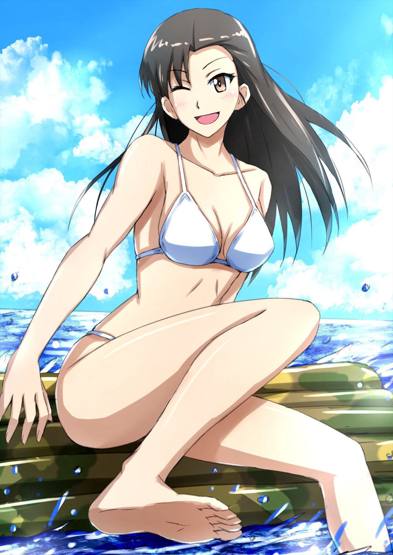 1girl asymmetrical_bangs barefoot bikini black_hair blue_sky breasts brown_eyes cloud cloudy_sky day feet foot_out_of_frame girls_und_panzer halterneck highres horizon inflatable_raft knee_up legs long_hair looking_at_viewer medium_breasts nishi_kinuyo ocean omachi_(slabco) one_eye_closed open_mouth outdoors sitting sky smile soles solo straight_hair string_bikini swimsuit toes white_bikini