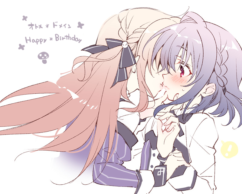 1boy 1girl assertive_female asuka_minato black_ribbon blonde_hair blue_hair blush braid commentary_request copyright_name crown_braid eyelashes food_print from_side grabbing_another's_arm hair_between_eyes hair_ribbon hand_on_another's_chin happy_birthday hetero imminent_kiss komowata_haruka lips long_hair long_sleeves looking_at_another medium_hair mushroom_print one_side_up otoko_no_ko otome_domain parted_lips profile red_eyes ribbon saionji_kazari school_uniform shirt shy side_braid sidelocks simple_background sketch sweatdrop upper_body white_background white_shirt wide-eyed