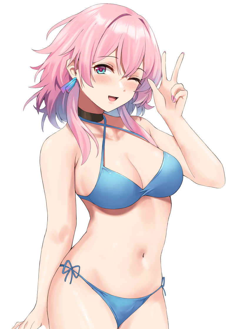 1girl bikini black_choker blue_bikini blush breasts choker cleavage earrings gradient_eyes hair_between_eyes halterneck hand_up honkai:_star_rail honkai_(series) jewelry kauru00 march_7th_(honkai:_star_rail) medium_breasts medium_hair midriff multicolored_eyes navel one_eye_closed open_mouth pink_hair side-tie_bikini_bottom sidelocks simple_background single_earring solo stomach swimsuit three-finger_salute two-tone_eyes white_background