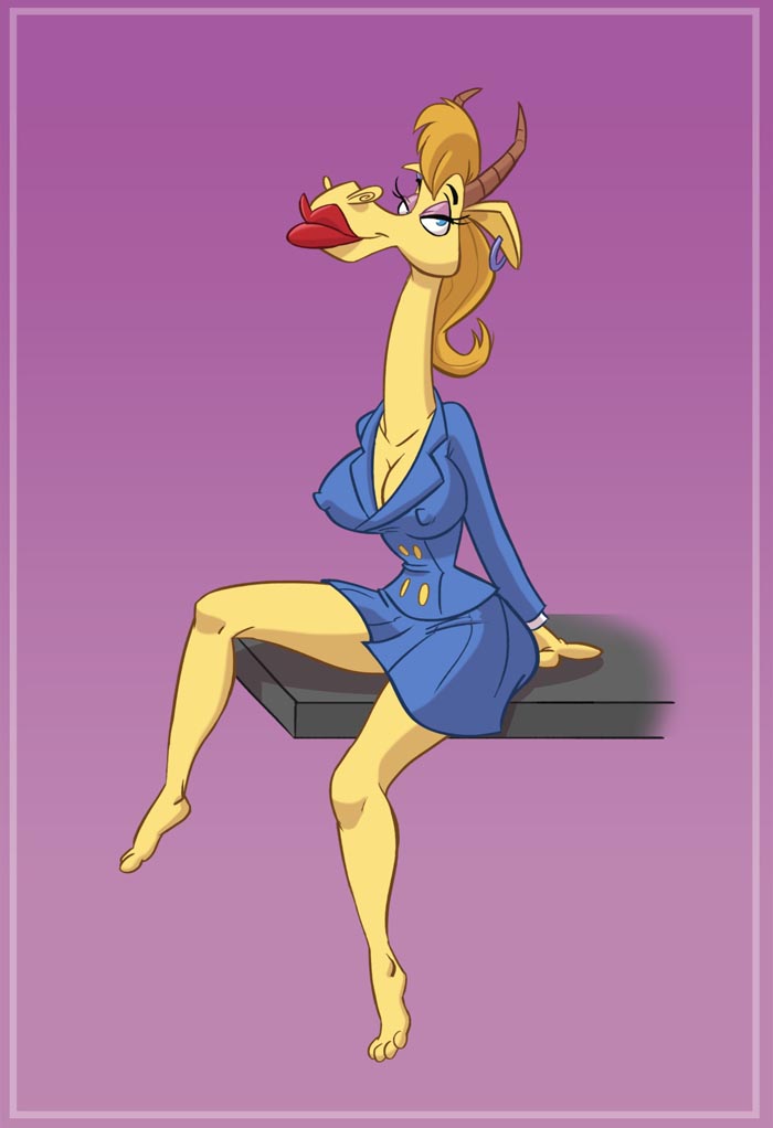 antelope anthro barefoot blazer blue_eyes bovid breasts cleavage clothed clothing dodgyrom ear_piercing erect_nipples eyeshadow feet female horn johnny_bravo_(series) lipstick long_neck makeup mammal mary_antelope nipple_outline nipples piercing red_lipstick sitting_on_desk solo