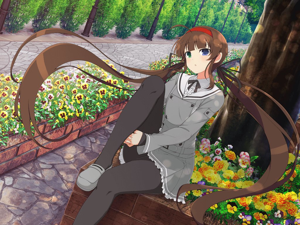 1girl :o ahoge arm_around_leg black_bow black_pantyhose black_ribbon blue_eyes blue_flower blush bow brick brick_wall brown_hair bush buttons chrysanthemum cobblestone dappled_sunlight day double-breasted flat_chest flower frilled_shirt frilled_skirt frills garden gessen_academy_uniform green_eyes grey_footwear hair_ribbon hairband heterochromia lamppost leaf loafers long_hair long_sleeves looking_at_viewer low_twintails official_art open_mouth orange_flower outdoors pansy pantyhose pink_flower red_hairband ribbon ryoubi_(senran_kagura) school_uniform senran_kagura senran_kagura_new_link senran_kagura_shinovi_versus shirt shoes sitting skirt solo sunlight tree twintails very_long_hair white_flower white_shirt yaegashi_nan yellow_flower