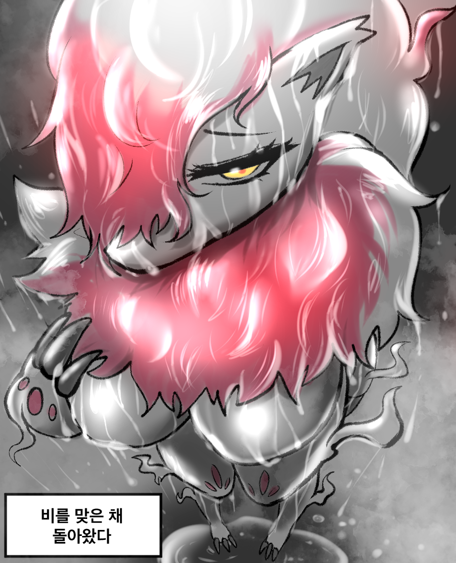 anthro breasts canid canine female fox fur grey_body grey_fur grey_hair hair hisuian_form hisuian_zoroark humanoid mammal megi nintendo pokemon pokemon_(species) raining red_body red_fur red_hair regional_form_(pokemon) solo wet wet_body yellow_eyes