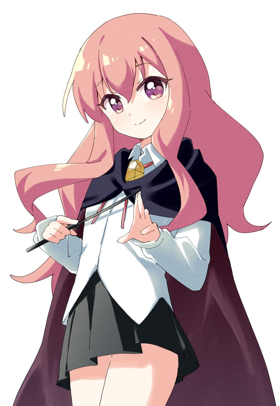 1girl black_cape black_skirt cape closed_mouth collared_shirt cowboy_shot hair_between_eyes haru_(konomi_150) highres hood hooded_cape long_hair long_sleeves looking_at_viewer louise_francoise_le_blanc_de_la_valliere neck_ribbon pentacle pink_eyes pink_hair pleated_skirt red_ribbon ribbon shirt sidelocks simple_background skirt smile solo white_background white_shirt zero_no_tsukaima