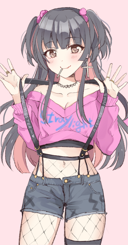 1girl bare_shoulders black_hair blunt_bangs blush bow breasts brown_eyes candy chocho_(homelessfox) cleavage clothes_pull collarbone cowboy_shot crop_top cropped_shirt cross cross_earrings denim dot_nose earrings eating fishnets food hair_bow hands_up idolmaster idolmaster_shiny_colors jewelry lollipop long_hair long_sleeves looking_at_viewer mayuzumi_fuyuko medium_breasts midriff mouth_hold multicolored_hair navel necklace off-shoulder_shirt off_shoulder pink_background pink_hair pink_shirt print_shirt ring shirt simple_background smile solo suspenders two_side_up