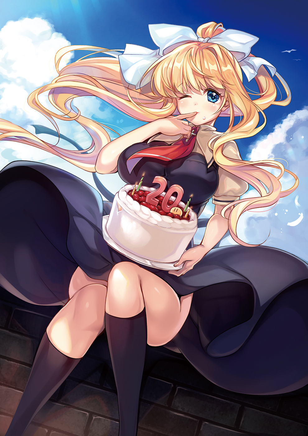 1girl air_(visual_novel) birthday_cake black_dress black_socks blonde_hair blue_eyes blue_sky blush bow breasts cake cloud commentary_request company_connection cross_print dango_daikazoku day dress dutch_angle eyelashes feet_out_of_frame finger_to_mouth floating_clothes floating_hair food food_on_face hair_between_eyes hair_bow hand_up highres kamio_misuzu key_(company) kneehighs knees_together_feet_apart large_breasts long_hair looking_at_viewer necktie one_eye_closed outdoors ponytail red_necktie ruri_rarako school_uniform short_necktie sidelocks sitting sky socks solo straight-on very_long_hair white_bow wind wind_lift