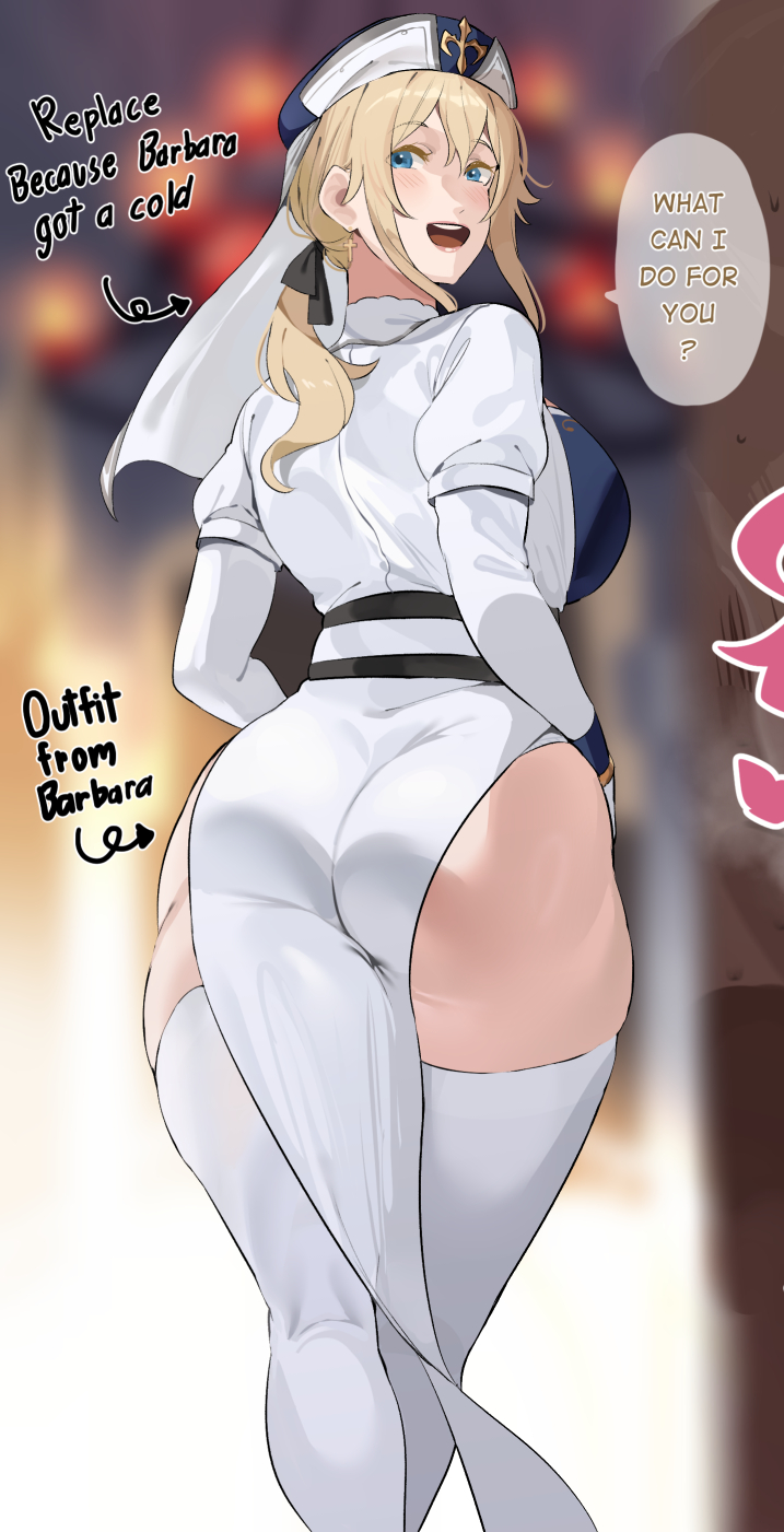 1girl :d ass ass_focus barbara_(genshin_impact) barbara_(genshin_impact)_(cosplay) blonde_hair blue_eyes blurry blurry_background breasts cosplay cross cross_earrings dress earrings english_text from_behind genshin_impact hair_between_eyes highres huge_ass jean_(genshin_impact) jewelry large_breasts latin_cross long_hair looking_at_viewer looking_back low_ponytail nun okpriko pelvic_curtain sidelocks smile solo thick_thighs thighhighs thighs white_dress white_thighhighs