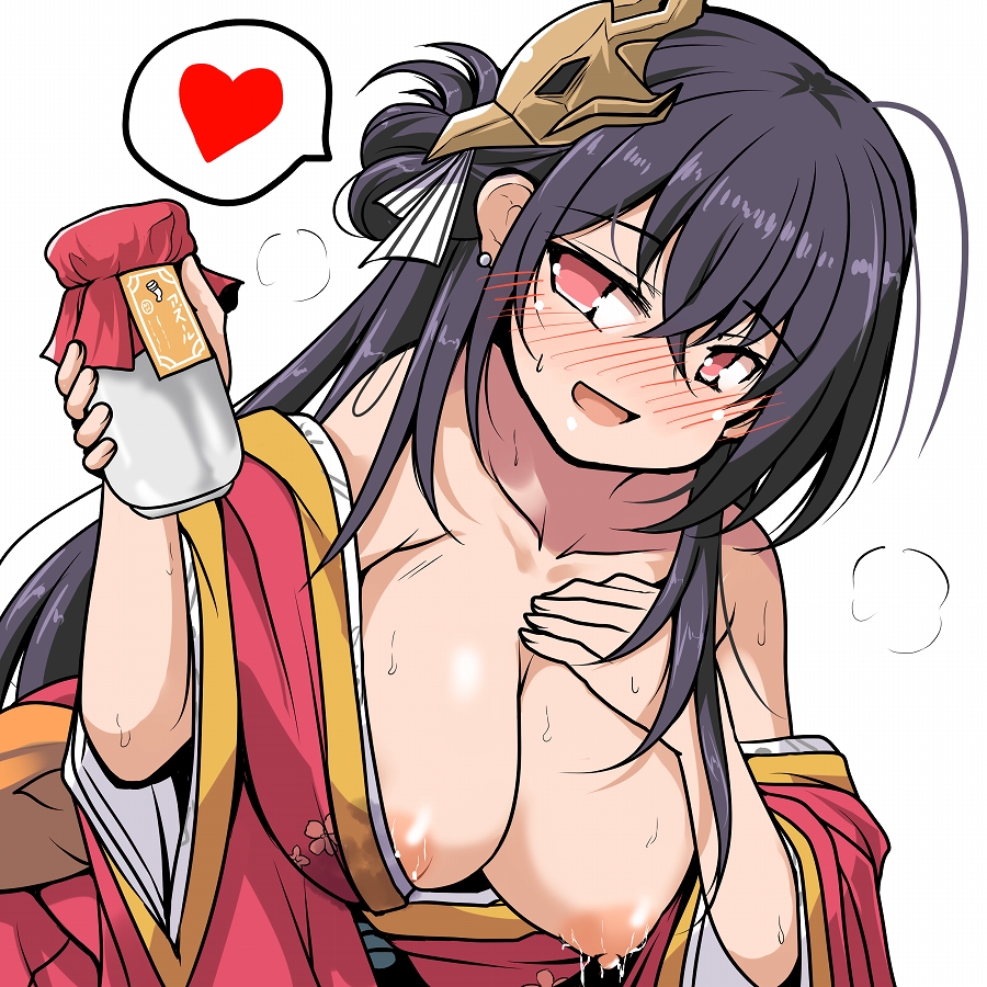1girl ahoge azur_lane bird_mask black_hair blush bottle breasts collarbone commentary_request earrings heart heavy_breathing holding holding_bottle japanese_clothes jewelry kimono lactation large_breasts layered_clothes layered_kimono long_hair looking_at_viewer mask mask_on_head milk milk_bottle nipples nose_blush off_shoulder open_mouth red_eyes red_kimono simple_background smile solo spoken_heart sweat taihou_(azur_lane) tsuzuri_(tuzuri) upper_body white_background