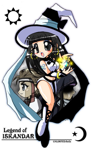 1girl bands black_hair blue_eyes blue_eyeshadow blue_lips blush brown_hair cape character_request chibi commentary covered_eyes crescent detached_sleeves earrings english_text eyeshadow fuse_kanako hat headband jewelry lowres magic makeup ring saga simple_background star_(symbol) sun_symbol white_background white_footwear white_headwear witch_hat