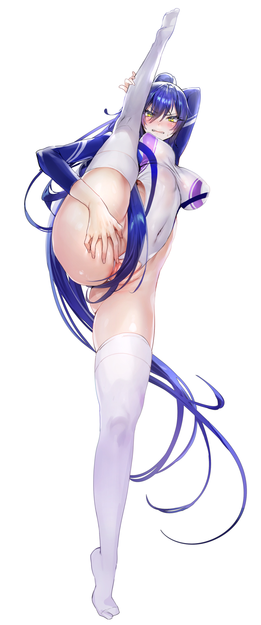 1girl blue_hair blush breasts covered_navel full_body highleg highleg_swimsuit highres large_breasts long_hair looking_at_viewer nekometaru one-piece_swimsuit original ponytail pussy shrug_(clothing) solo split spread_pussy spread_pussy_under_clothes standing standing_on_one_leg standing_split swimsuit thighhighs very_long_hair white_background white_one-piece_swimsuit white_thighhighs yellow_eyes