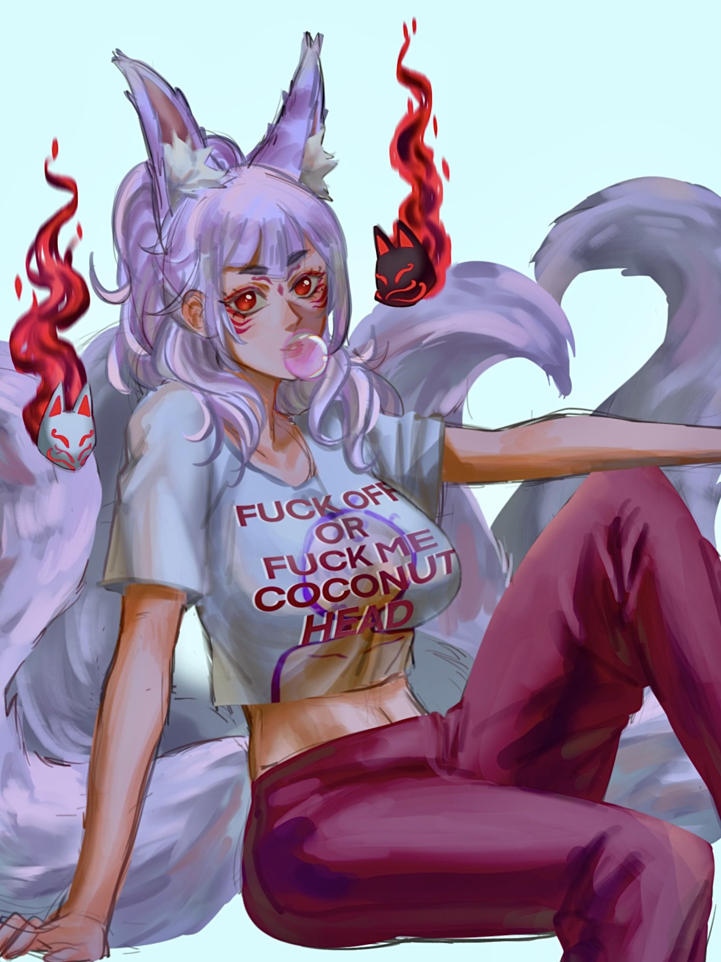 1girl alternate_costume alternate_hairstyle animal_ear_fluff blue_background breasts chewing_gum cropped_shirt extra_ears fuck-me_shirt hair_behind_ear highres hitodama large_breasts long_hair meme_attire midriff navel nijisanji nijisanji_en nina_kosaka pants parted_lips ponytail premium_honey red_eyes red_pants simple_background sitting solo virtual_youtuber