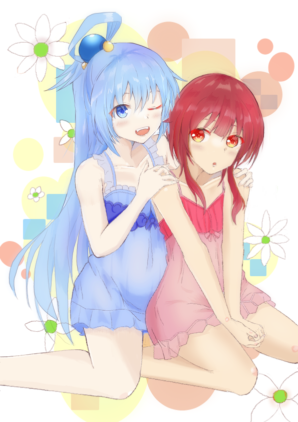 2girls :d :o alternate_hair_color aqua_(konosuba) bare_shoulders blue_dress blue_eyes blue_hair blue_nightgown blush breasts brown_eyes circle collarbone commentary dress flower front-to-back geometric_solid hair_between_eyes hair_ornament kneeling kono_subarashii_sekai_ni_shukufuku_wo! lingerie long_hair looking_at_another looking_at_viewer looking_back megumin misuse_marin multiple_girls nightgown parted_lips pink_dress pink_nightgown rectangle red_hair short_dress short_hair_with_long_locks sidelocks sitting sleeveless sleeveless_dress small_breasts smile teeth underwear upper_teeth_only very_long_hair wariza white_background white_flower x_hair_ornament