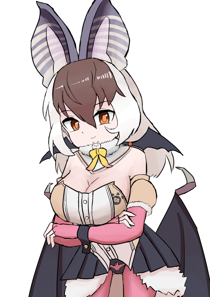 1girl animal_ears bat_ears bat_girl bat_wings brown_eyes brown_hair brown_long-eared_bat_(kemono_friends) elbow_gloves extra_ears fingerless_gloves gloves grey_hair kemono_friends kemono_friends_v_project leotard long_hair looking_at_viewer microphone pantyhose simple_background skirt solo virtual_youtuber wellwich wings