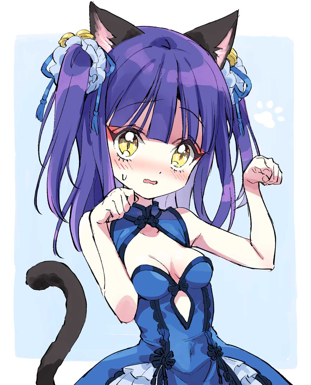 1girl animal_ears bell blue_dress blue_hair blush breasts cat_ears cat_tail cleavage dress hair_bell hair_ornament highres jashin-chan_dropkick long_hair looking_at_viewer medium_breasts no_bra official_art open_mouth paw_pose ran-ran simple_background solo tail yellow_eyes yukiwo