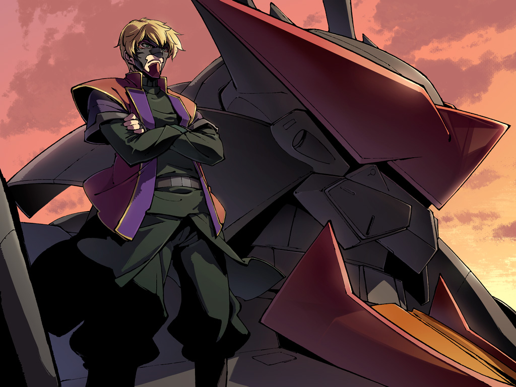 1boy armor baggy_pants black_armor black_cape black_mask black_pants black_shirt blonde_hair cape closed_mouth commentary_request crossed_arms feet_out_of_frame green_eyes gun_zi_(i&amp;eyes) gundam gundam_00 jacket japanese_clothes kataginu long_sleeves looking_ahead masurao_(gundam) mecha mister_bushido mobile_suit orange_sky pants red_jacket robot science_fiction shirt sky sleeveless sleeveless_jacket standing sunset v-fin waist_cape