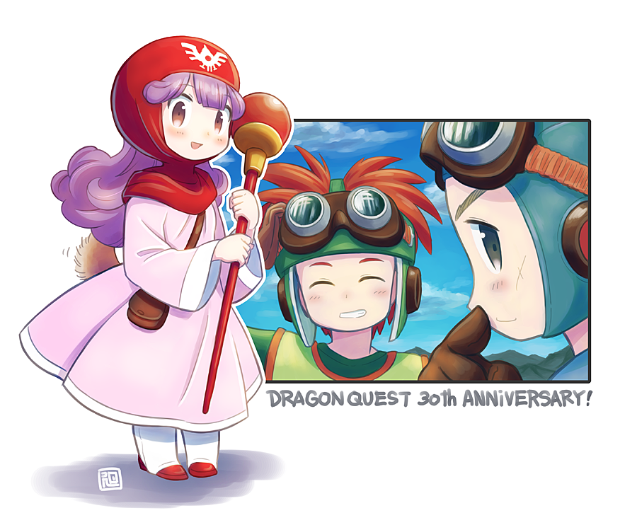 1girl 2boys blush closed_mouth curly_hair dragon_quest dragon_quest_ii dress full_body goggles goggles_on_head goggles_on_headwear hat hood long_hair long_sleeves looking_at_viewer mawaru_(mawaru) multiple_boys open_mouth prince_of_lorasia prince_of_samantoria princess_of_moonbrook purple_hair robe smile spiked_hair staff white_robe