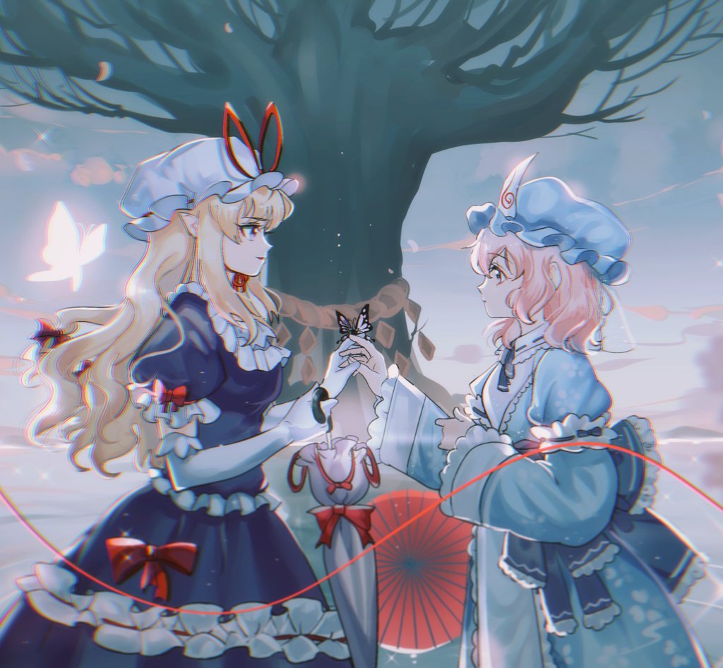 2girls back_bow belt blonde_hair blue_belt blue_bow blue_headwear blue_kimono blue_ribbon blue_sky bow branch breasts bug butterfly butterfly_wings closed_mouth commentary_request dress elbow_gloves fingernails floral_print flying frills gloves gradient_sky hair_between_eyes hair_bow hands_up hat hat_bow holding holding_umbrella insect_wings japanese_clothes juliet_sleeves kimono long_hair long_sleeves looking_at_another medium_breasts mob_cap multiple_girls neck_ribbon outdoors panghulao pink_eyes pink_hair pink_sky puffy_short_sleeves puffy_sleeves purple_dress purple_eyes red_bow red_ribbon ribbon saigyou_ayakashi saigyouji_yuyuko short_hair short_sleeves sidelocks sky smile sparkle standing string string_of_fate thread touhou tree triangular_headpiece umbrella veil water wavy_hair white_gloves white_headwear wide_sleeves wing_collar wings yakumo_yukari